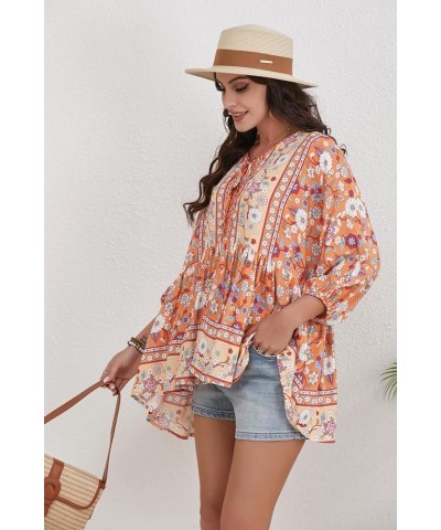 Women Boho V-neck 3/4 Sleeves Tunic Top Relaxed Fit Casual Print Blouse Papaya Orange $17.84 Blouses