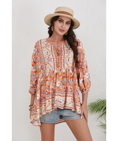 Women Boho V-neck 3/4 Sleeves Tunic Top Relaxed Fit Casual Print Blouse Papaya Orange $17.84 Blouses