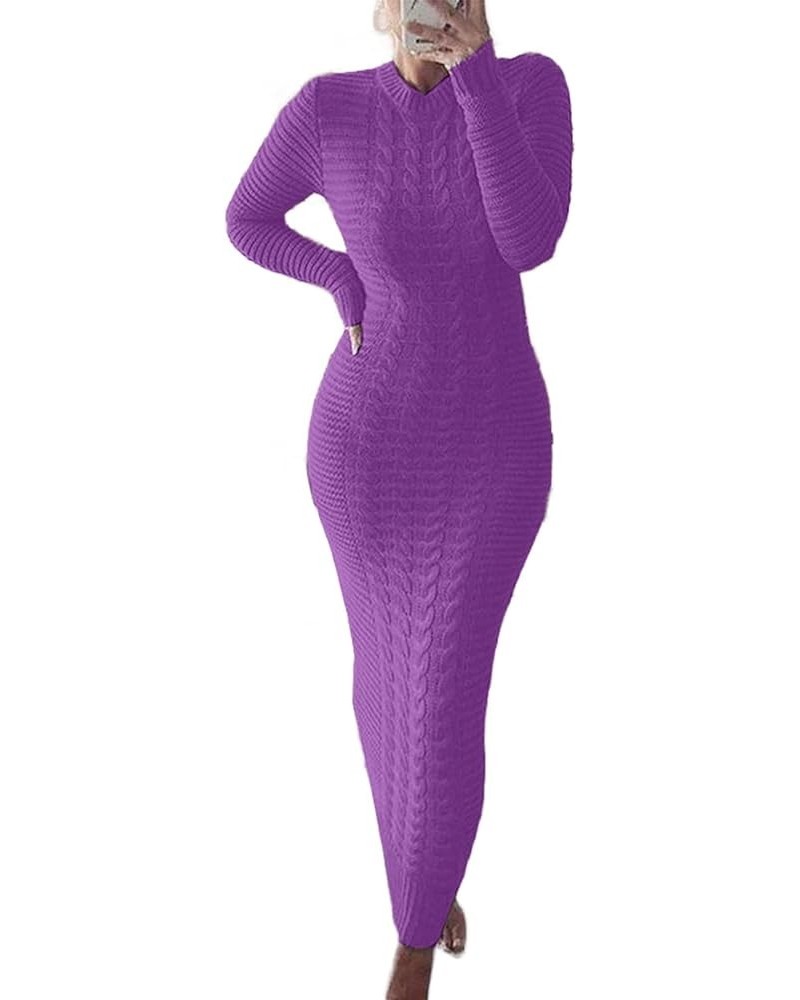 Sweater Dress for Women Maxi Bodycon Cable Knit Long Sleeve Crewneck Ribbed Pencil Pullover Dresses Winter 2808-purple $12.96...