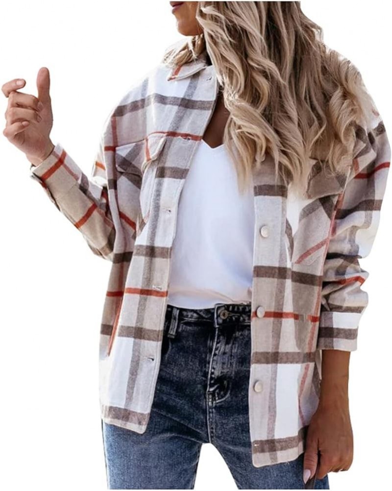 Women Long Shacket Jacket Plaid Tartan Open Front Coat Button Down Cardigan Flannel Lapel Jacket Casual Fashion Tunic Khaki 9...