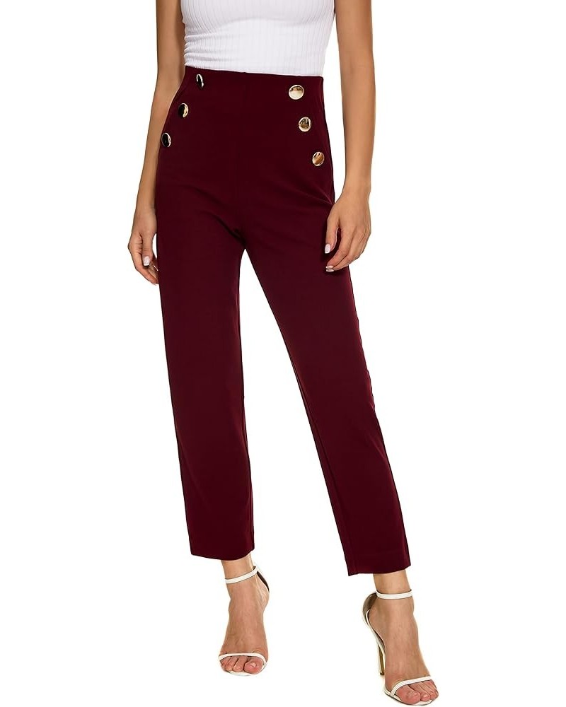 Women's Casual High Waisted Ankle Cropped Pants Elastic Waistband Slant Pockets with Metal Buttons Red Plum $17.10 Pants