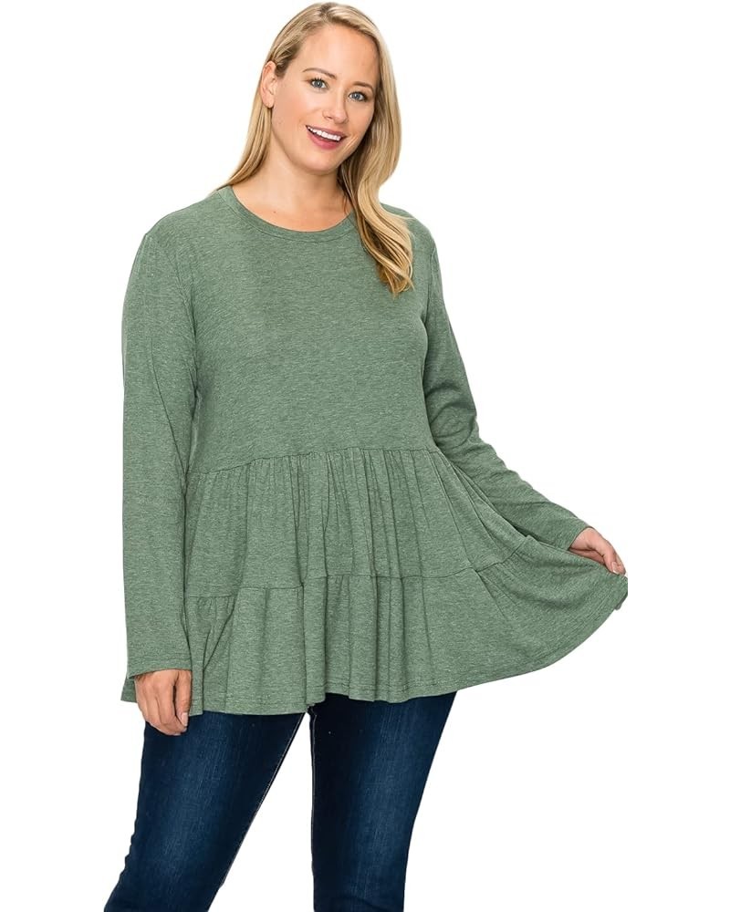 Womens Plus Size Round Neck Loose Ruffle Hem Babydoll Casual Peplum Blouse Top Olive $16.51 Blouses