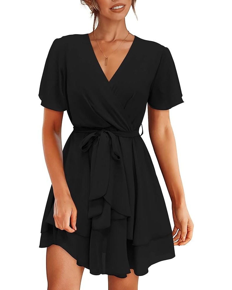 Women's 2024 Summer Short Sleeve V Neck Dresses Elegant Solid Tie Waist Swing Ruffle Faux Wrap Party Mini Dress Solid Black $...