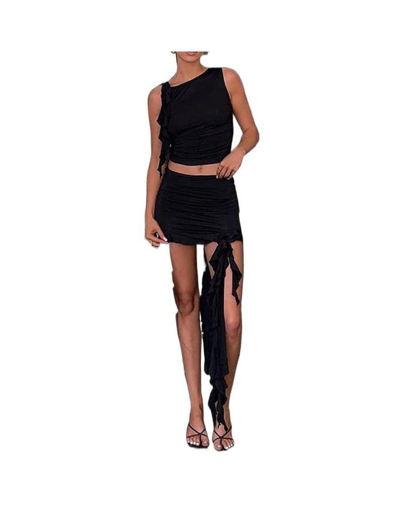 Women Sexy Two Piece Skirt Sets Sleeveless Crop Tops Bodycon Mini Skirts Solid Color Night Party Club Outfit C6- Black $10.63...