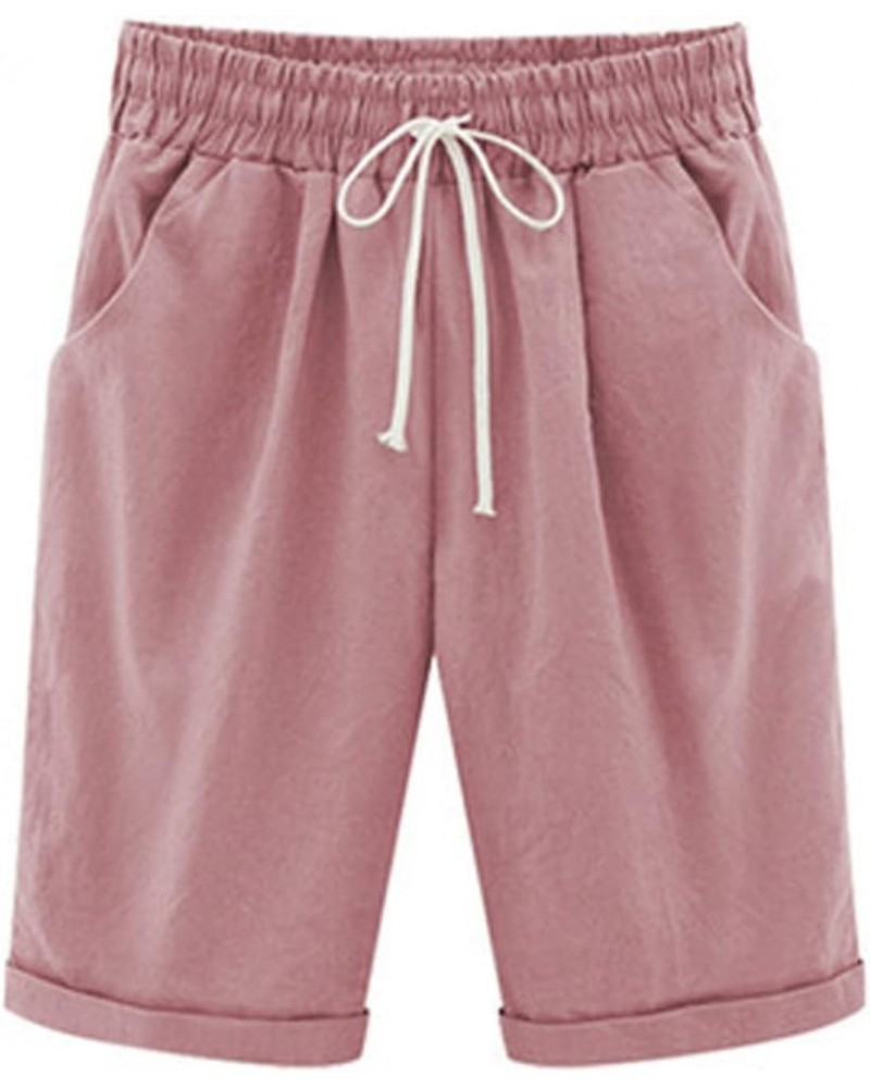 Women's Cotton Linen Shorts Casual Elastic Waist Knee Length Curling Drawstring Bermuda Shorts with Pockets 01 Pink $5.03 Shorts