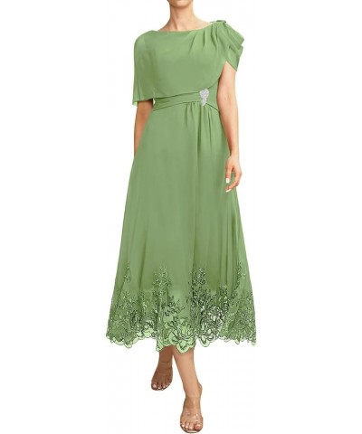 Mother of The Bride Dresses Chiffon Wedding Guest Dresses for Women Formal Evening Dresses with Sleeves Tea Length Grass Gree...