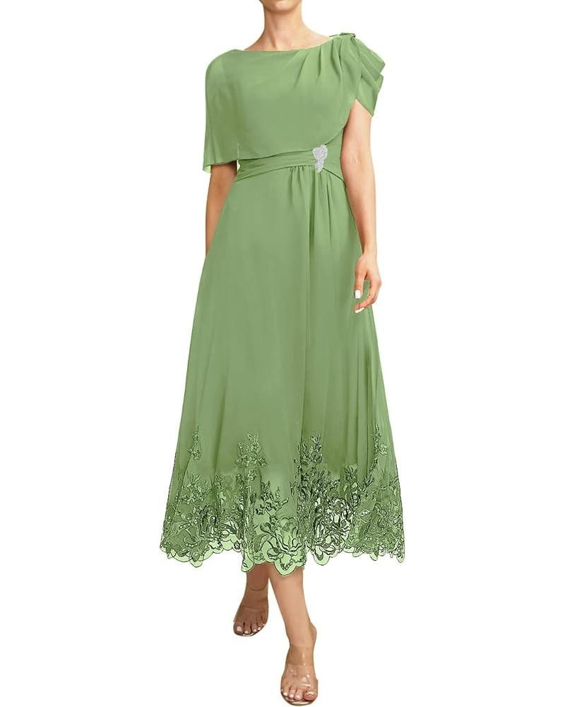 Mother of The Bride Dresses Chiffon Wedding Guest Dresses for Women Formal Evening Dresses with Sleeves Tea Length Grass Gree...