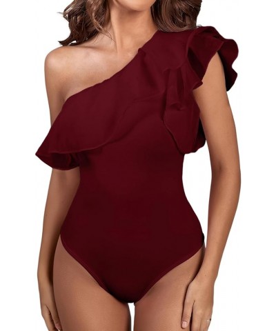 Women's Ruffle Sheer Mesh Puff Sleeve One Shoulder Leotard Bodysuit Wine Red $14.70 Bodysuits