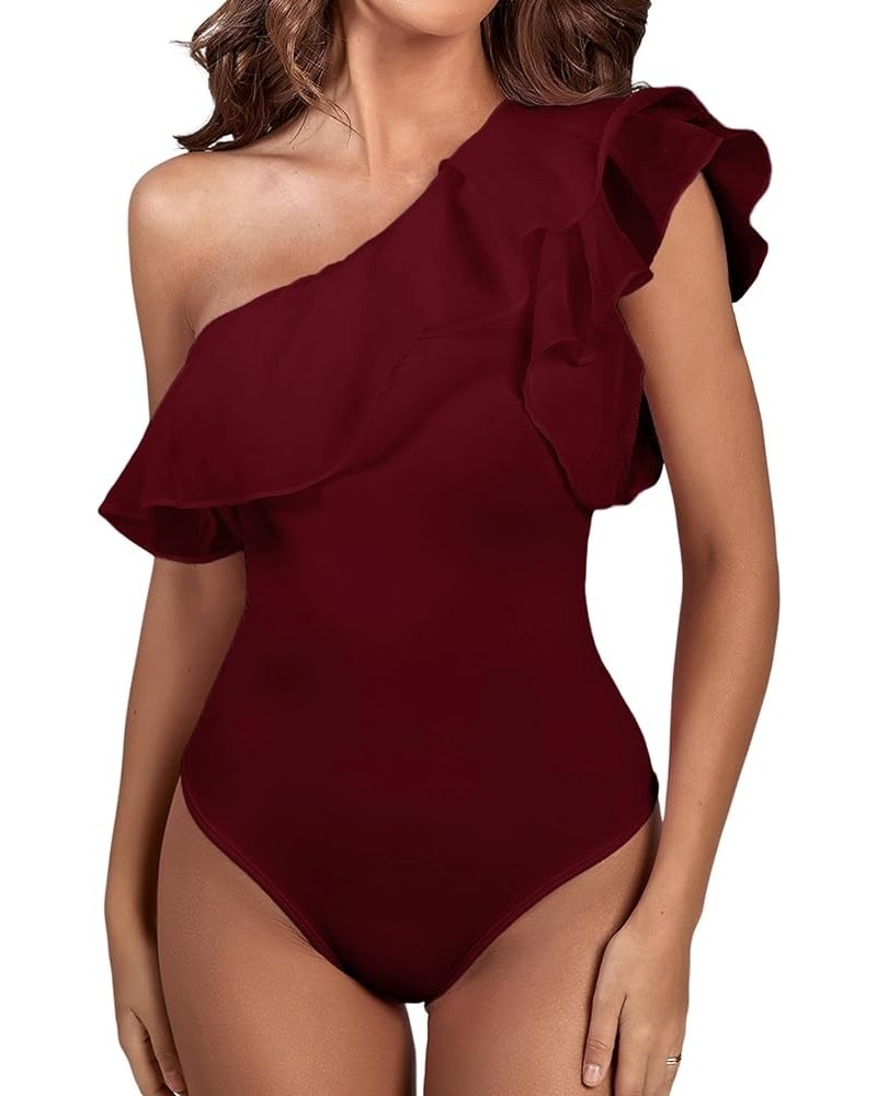 Women's Ruffle Sheer Mesh Puff Sleeve One Shoulder Leotard Bodysuit Wine Red $14.70 Bodysuits