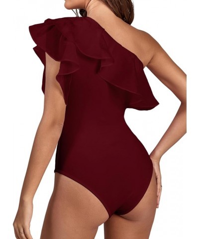 Women's Ruffle Sheer Mesh Puff Sleeve One Shoulder Leotard Bodysuit Wine Red $14.70 Bodysuits