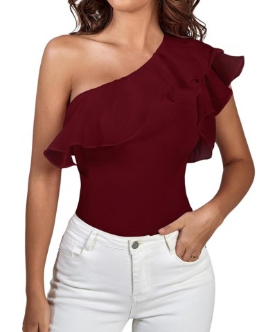 Women's Ruffle Sheer Mesh Puff Sleeve One Shoulder Leotard Bodysuit Wine Red $14.70 Bodysuits