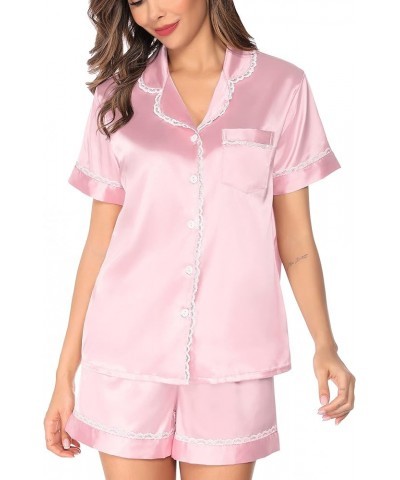 Womens Silk Satin Pajamas Set Short Sleeve Sleepwear Soft Button Down Loungewear 2 Piece Lace Pj Women Pink $11.79 Sleep & Lo...