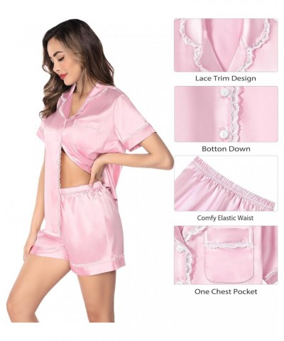 Womens Silk Satin Pajamas Set Short Sleeve Sleepwear Soft Button Down Loungewear 2 Piece Lace Pj Women Pink $11.79 Sleep & Lo...