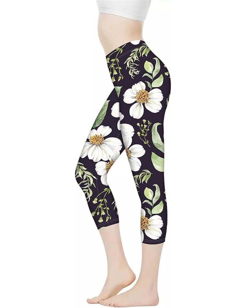 Women Yoga Leggings Capri Pants High Waist Tummy Control Stretch Trousers for Workout Sports Hibiscus Leaves $10.50 Leggings