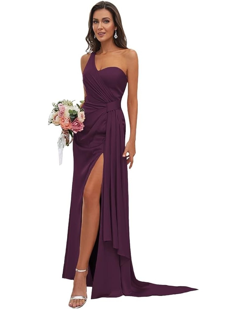 One Shoulder Satin Bridesmaid Dress Long for Women Sleeveless Ruched Formal Dress with Slit LN376 Plum $29.25 Dresses