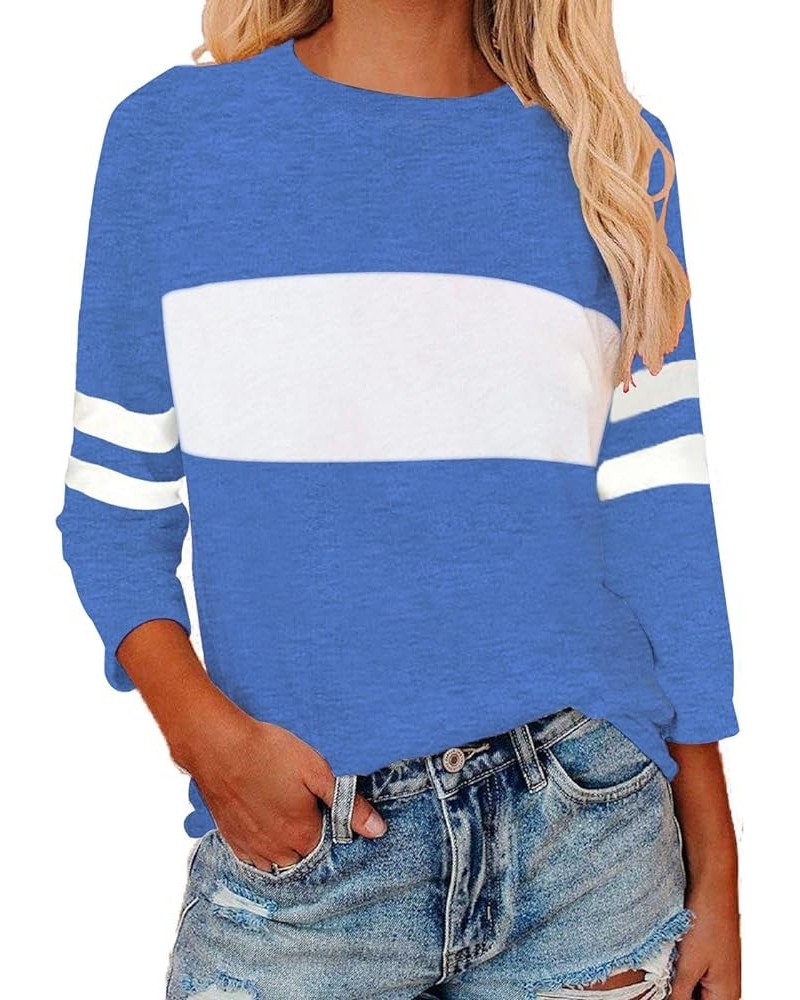 Womens 3/4 Sleeve Striped Shirt Baseball T-Shirts Round Neck Patchwork Casual Trendy Blouses 06-blue $12.97 T-Shirts