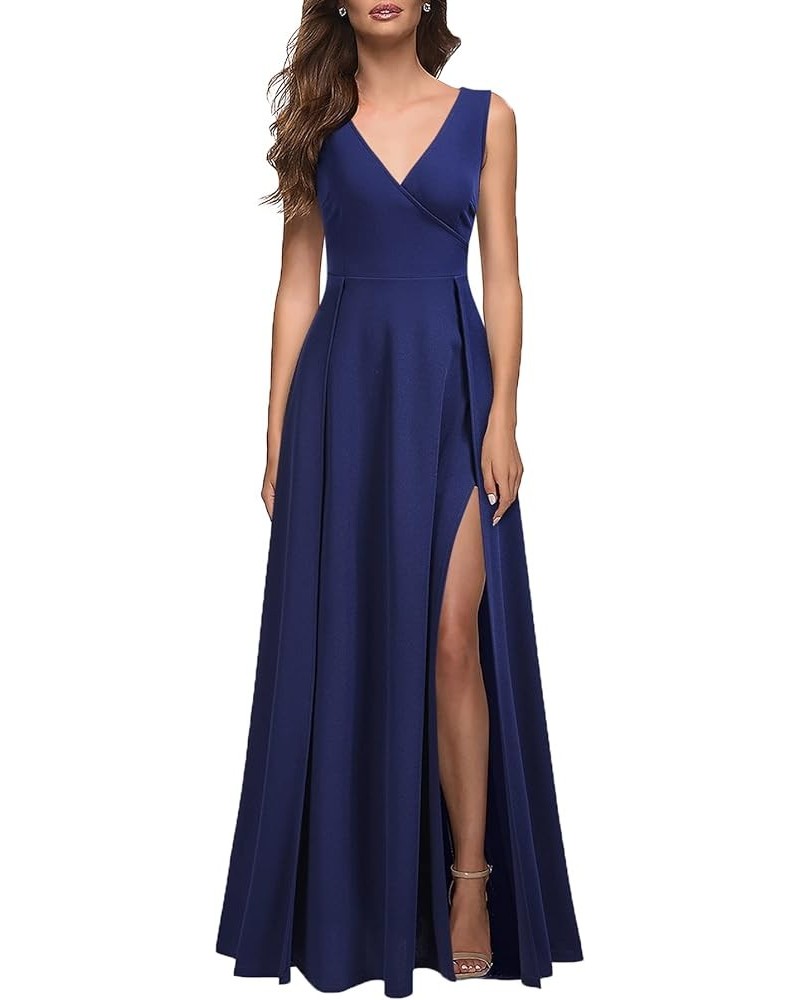 Women's V Neck Sleeveless Split Formal Dress Cocktail Party Prom Long Dresses Navy Blue $28.60 Dresses