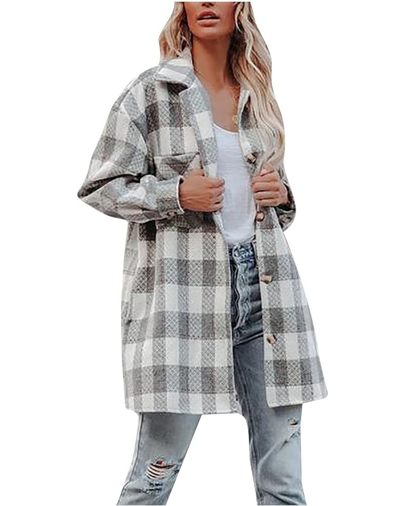 Women's Plaid Shacket Jacket Winter Flannel Tartan Trench Cardigan Trendy Long Sleeve Outwear Button Down Casual Coat 01-gray...