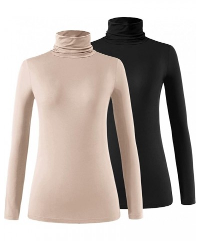 Womens Long Sleeve Turtleneck Shirt Lightweight Slim Turtle Neck Active Tops Basic Pullover Undershirt 2 Pack 2-pack Black/Kh...