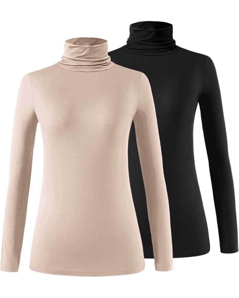 Womens Long Sleeve Turtleneck Shirt Lightweight Slim Turtle Neck Active Tops Basic Pullover Undershirt 2 Pack 2-pack Black/Kh...