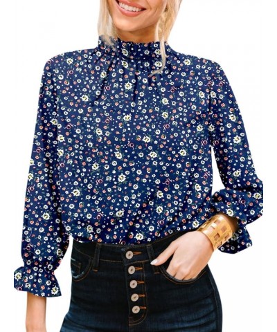 Womens Blouses Dressy Casual Long Sleeve Mock Neck Print Shirts Frill Trim Work Office Tops 2023 A - Floral Navy $15.05 Blouses