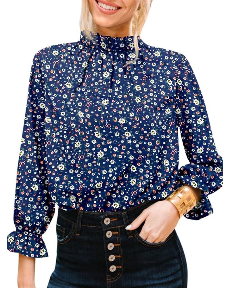 Womens Blouses Dressy Casual Long Sleeve Mock Neck Print Shirts Frill Trim Work Office Tops 2023 A - Floral Navy $15.05 Blouses