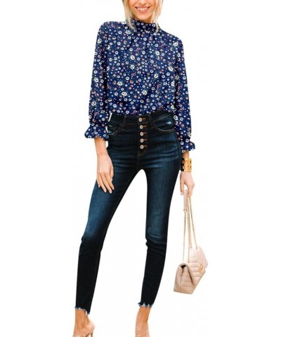 Womens Blouses Dressy Casual Long Sleeve Mock Neck Print Shirts Frill Trim Work Office Tops 2023 A - Floral Navy $15.05 Blouses