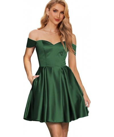 Off The Shoulder Homecoming Dresses for Teens 2023 Short Prom Ball Gown Satin Cocktail Dress with Pockets Emerald Green $25.5...