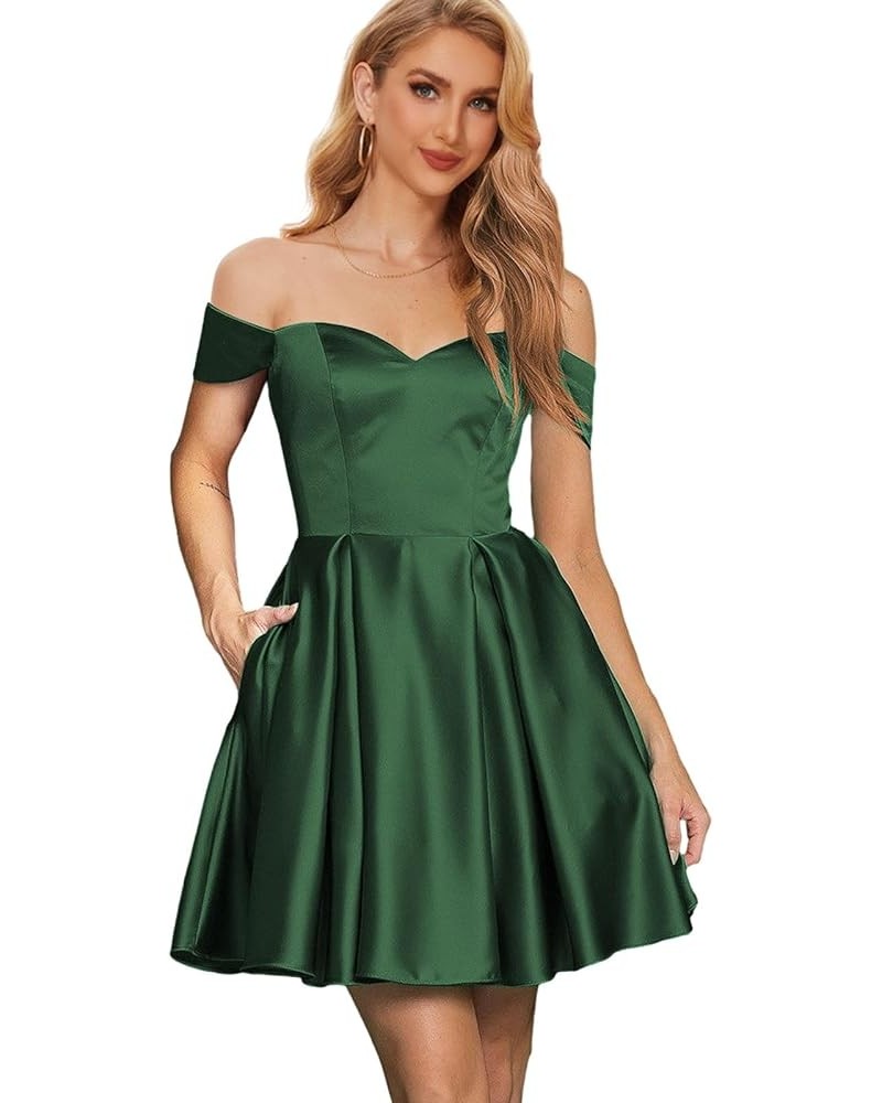 Off The Shoulder Homecoming Dresses for Teens 2023 Short Prom Ball Gown Satin Cocktail Dress with Pockets Emerald Green $25.5...