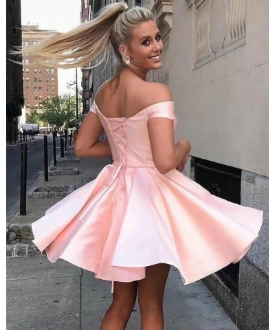 Off The Shoulder Homecoming Dresses for Teens 2023 Short Prom Ball Gown Satin Cocktail Dress with Pockets Emerald Green $25.5...