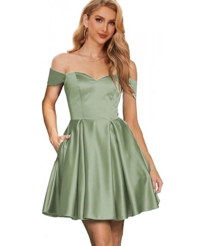 Off The Shoulder Homecoming Dresses for Teens 2023 Short Prom Ball Gown Satin Cocktail Dress with Pockets Emerald Green $25.5...