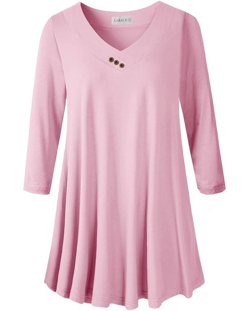 Plus Size Tunic Women's 3/4 Sleeve Tops And Blouses V Neck Shirts Loose Basic Tee Pink $8.69 Tops