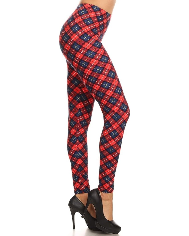 High Waisted Plaid & Wild Print Leggings for Women - Plaid, Leopard, Snake Skin, Polka dot Full Length Berry Plaid $10.25 Leg...