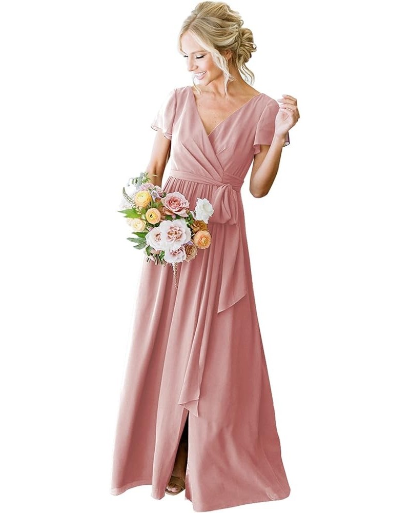 Short Sleeve Bridesmaid Dresses with Slit V Neck Chiffon Formal Evening Dress Long Ball Gown Dusty Rose $32.99 Dresses