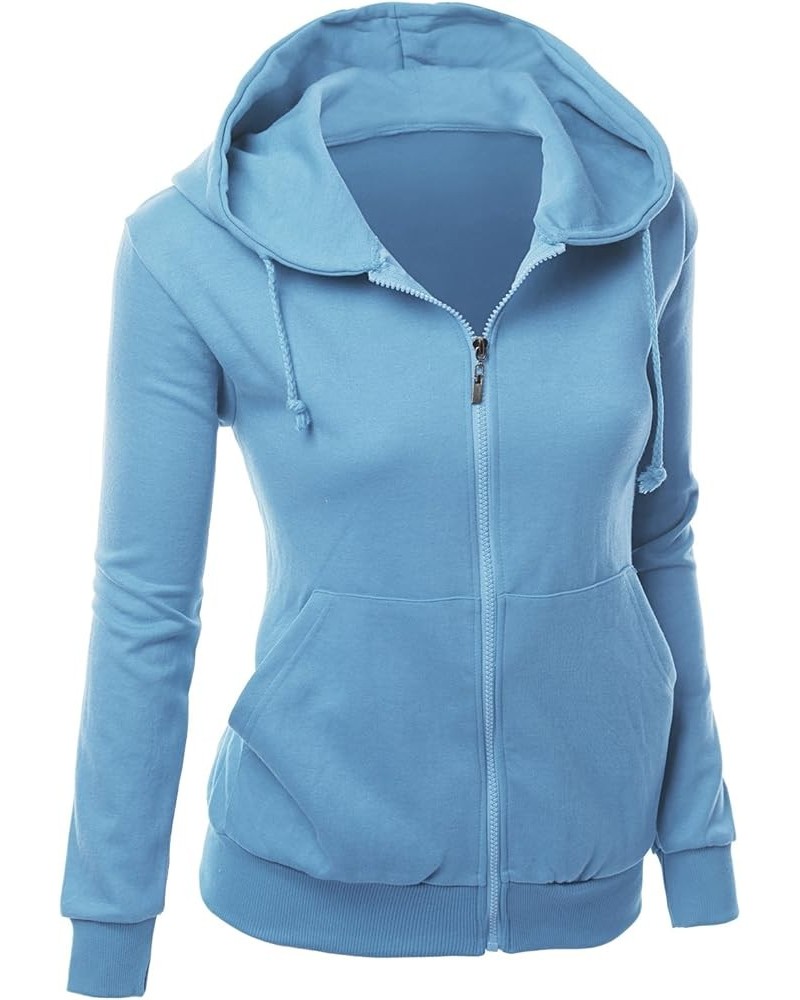 Women's Basic Long Sleeve Zip Up Hoodie in Colors Kwohol018 Sky Blue $17.69 Hoodies & Sweatshirts