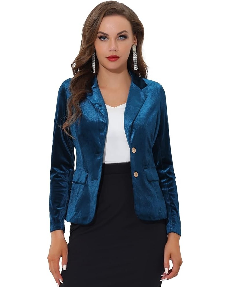 Women's Notched Lapel Vintage Office Button Front Velvet Blazer Peacock Blue $23.78 Blazers