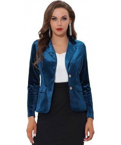 Women's Notched Lapel Vintage Office Button Front Velvet Blazer Peacock Blue $23.78 Blazers