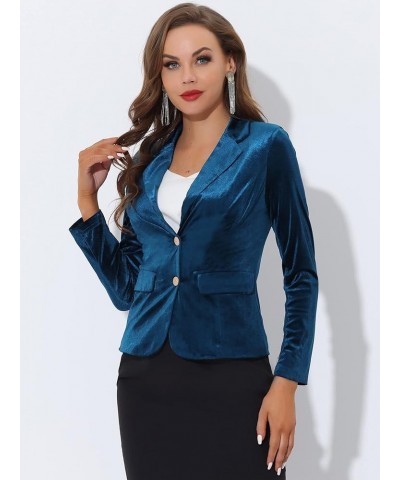 Women's Notched Lapel Vintage Office Button Front Velvet Blazer Peacock Blue $23.78 Blazers