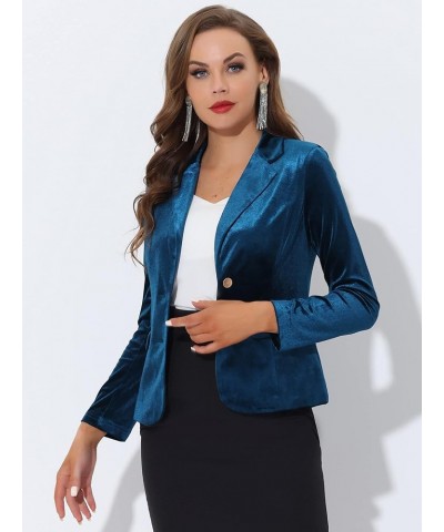 Women's Notched Lapel Vintage Office Button Front Velvet Blazer Peacock Blue $23.78 Blazers