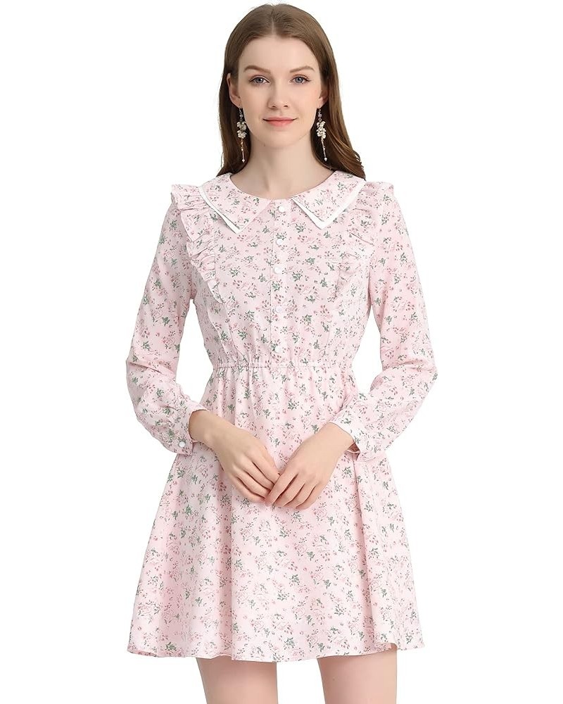 Women's Floral Ruffle Trim Doll Collar Smocked Waist A-line Dress Pink $11.19 Dresses