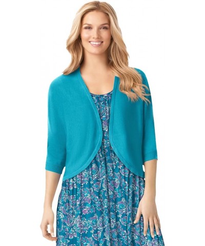 Women's Plus Size Rib Trim Cardigan Shrug Sweater Pretty Turquoise $19.59 Sweaters