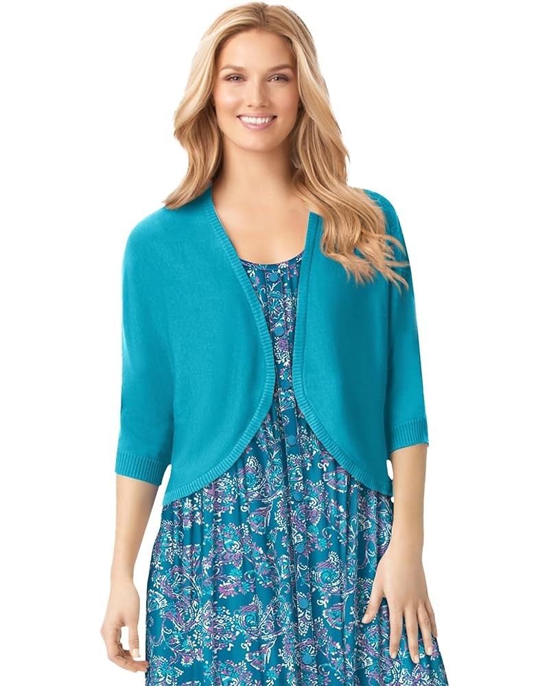 Women's Plus Size Rib Trim Cardigan Shrug Sweater Pretty Turquoise $19.59 Sweaters