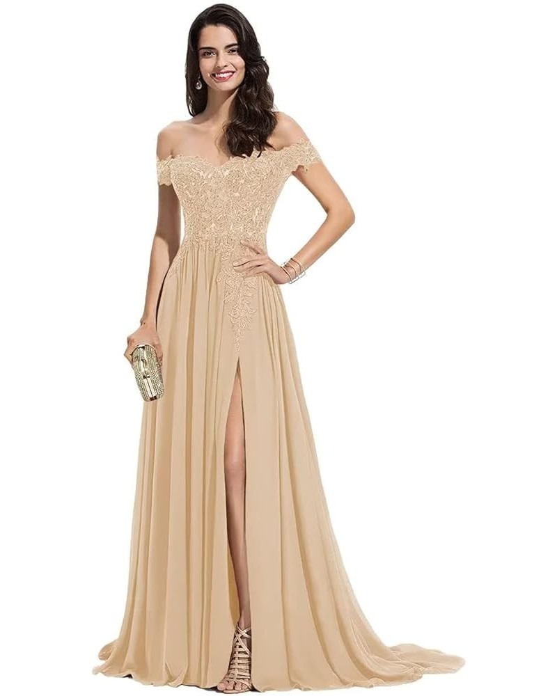 Off The Shoulder Long Prom Dresses with Slit Lace Appliques Chiffon Formal Evening Party Gowns for Women Champagne $32.89 Dre...