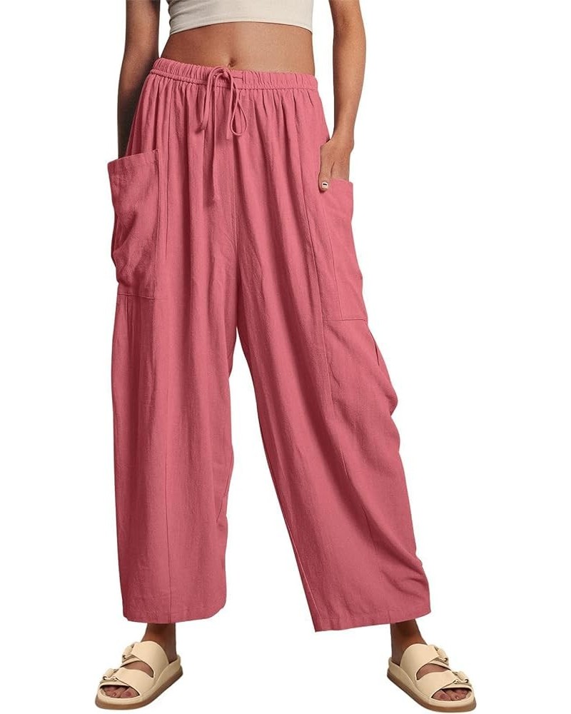 Womens Baggy Linen Pants Casual Loose Fit Drawstring Wide Leg Harem Pants with Pocket Pink $10.50 Pants