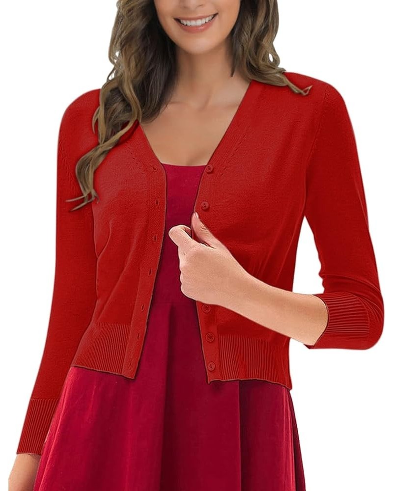 Women's Solid Color Long Sleeved Knitted Sweater Cardigan Sweater Women's Spring and Autumn Cropped Cardigans for Red $9.01 S...