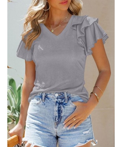 Womens Summer Tops V Neck Ruffle Short Sleeve T Shirts Casual Slim Fit B Grey $12.99 T-Shirts