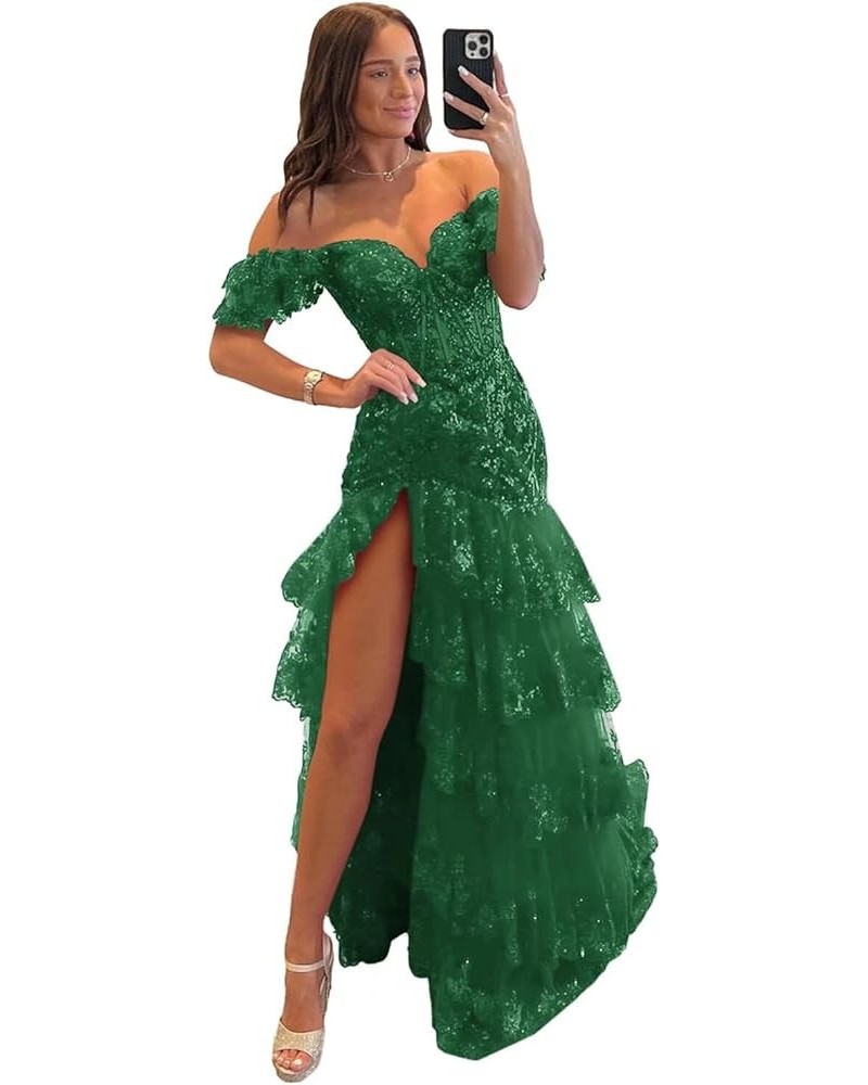 Off The Shoulder Lace Tulle Tiered Prom Dresses Long Sparkly Corset Formal Evening Party Gowns with Slit Emerald Green $39.95...