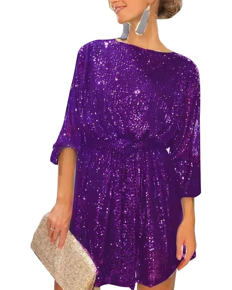 Women's Sequin Sexy Sparkly Dress Glitter Party Loose Fit Long Sleeve Dress Cocktail Short Mini Dress with Belt Purple $25.48...