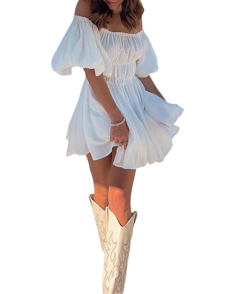 Women Casual Summer Dress Solid Color Elegant Short Puff Sleeve Off-Shoulder Tunic Dress for Party White $10.02 Dresses