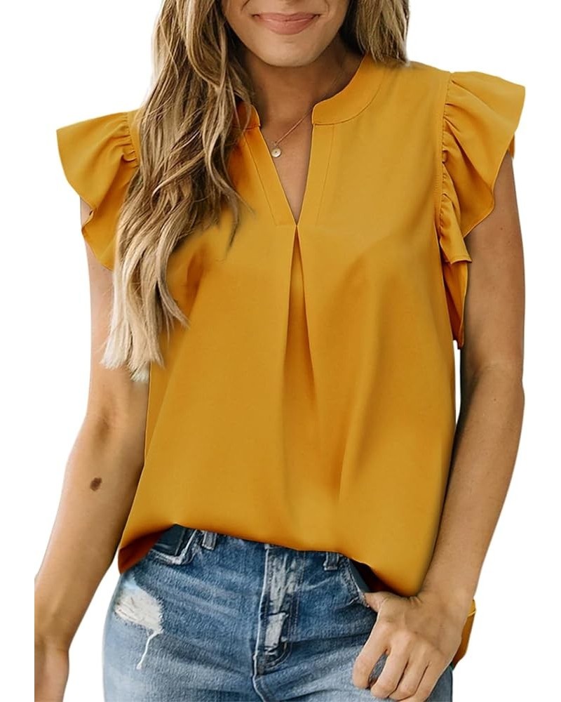 Womens Summer Tops Dressy Casual V Neck Ruffle Short Sleeve Solid Blouses Tops Yellow $11.00 Blouses